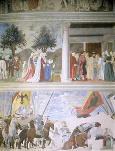 Saban kuningatar palvomassa oikean ristin puuta, Kuningas Salomonin Saban kuningattaren vastaanotto (n. 1015-977) ja Milviansillan taistelu, Legend of the True Cross -syklistä, c.